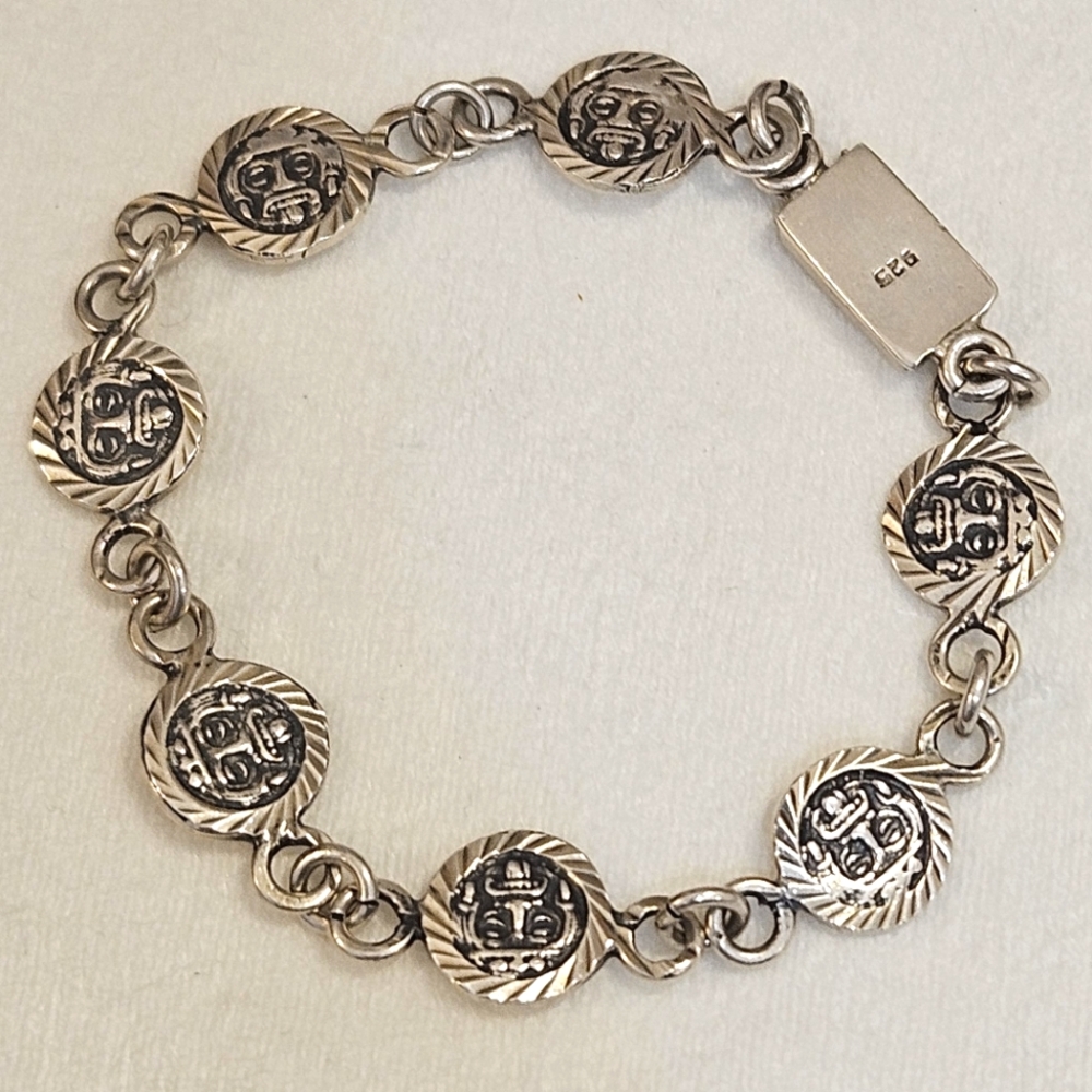 Sterling Silver Vintage 925 Stamped Mexico Mayan Calendar Bracelet 7"